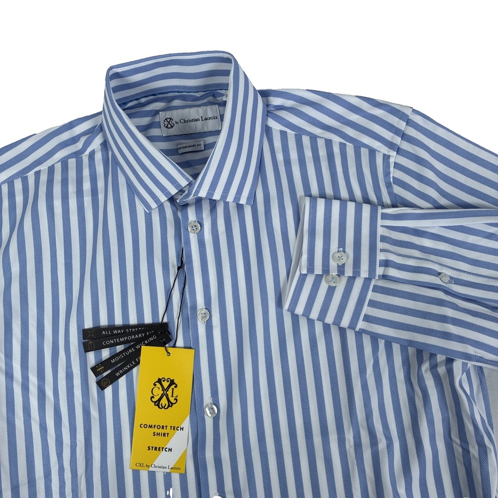 New Mens Christian Lacroix Comfort Tech Button Up Shirt Size Medium Striped Blue
